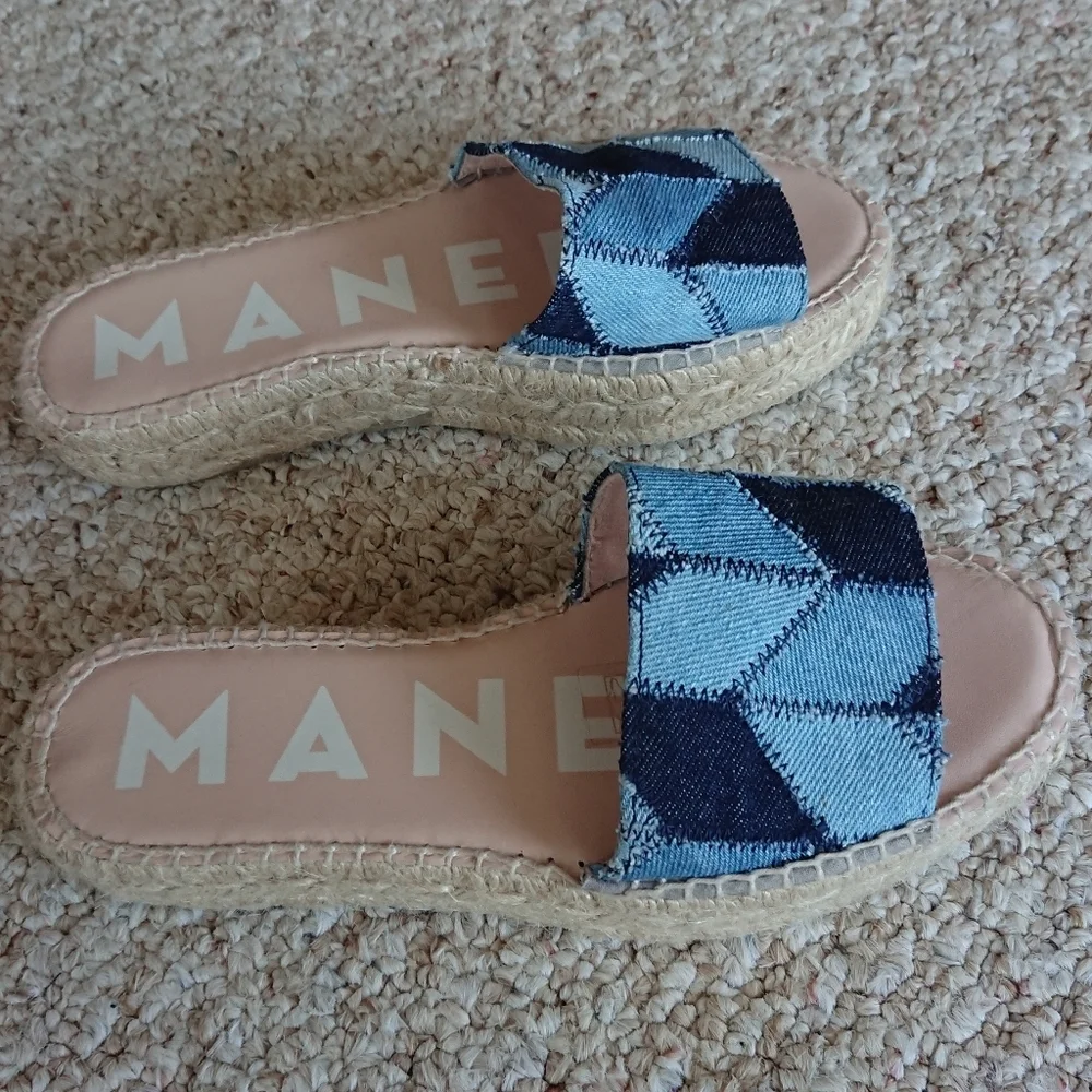 Manebi Denim Woven-Strap Espadrille Slide Sandals size 6